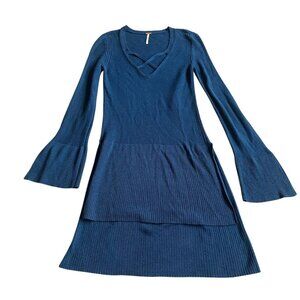 Free People Long-Length Teal Blue Criss Cross Pullover Sweater Bell Sleeves XS